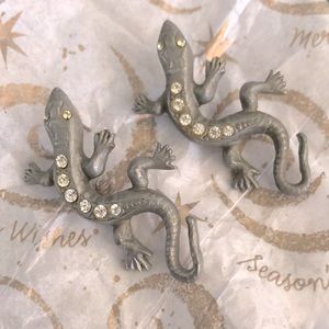 Vintage Pewter & Crystal Stones Lizard Post Earrings 1.75”l